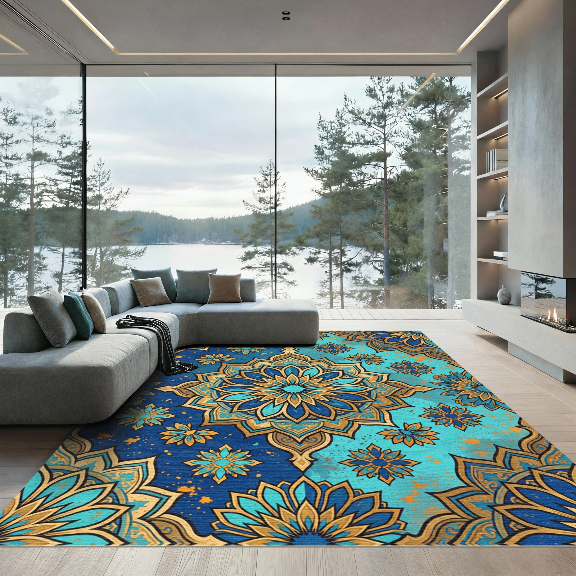 Azure Golden Floral Medallion Rug