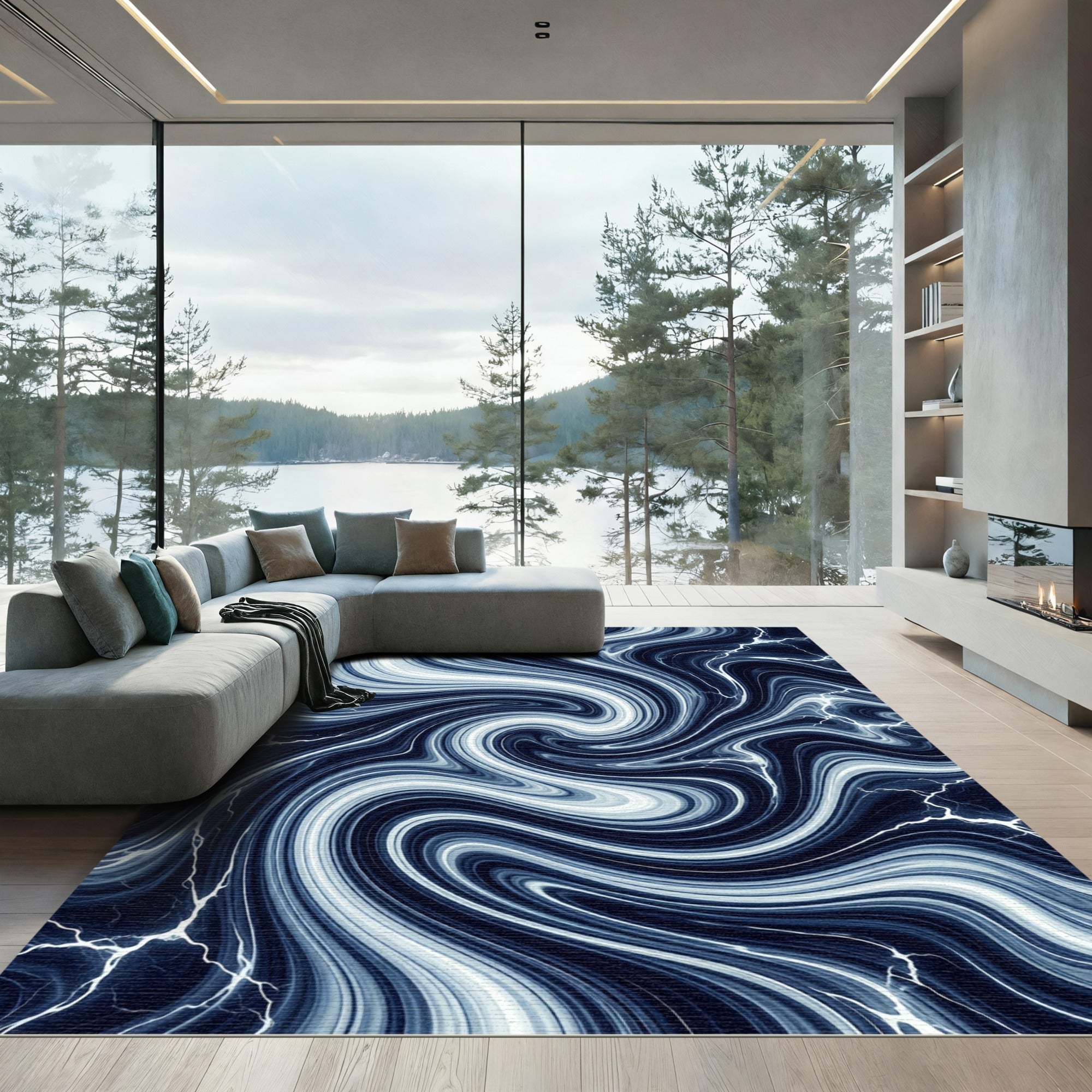 Midnight Navy Swirling Marble Wave Rug