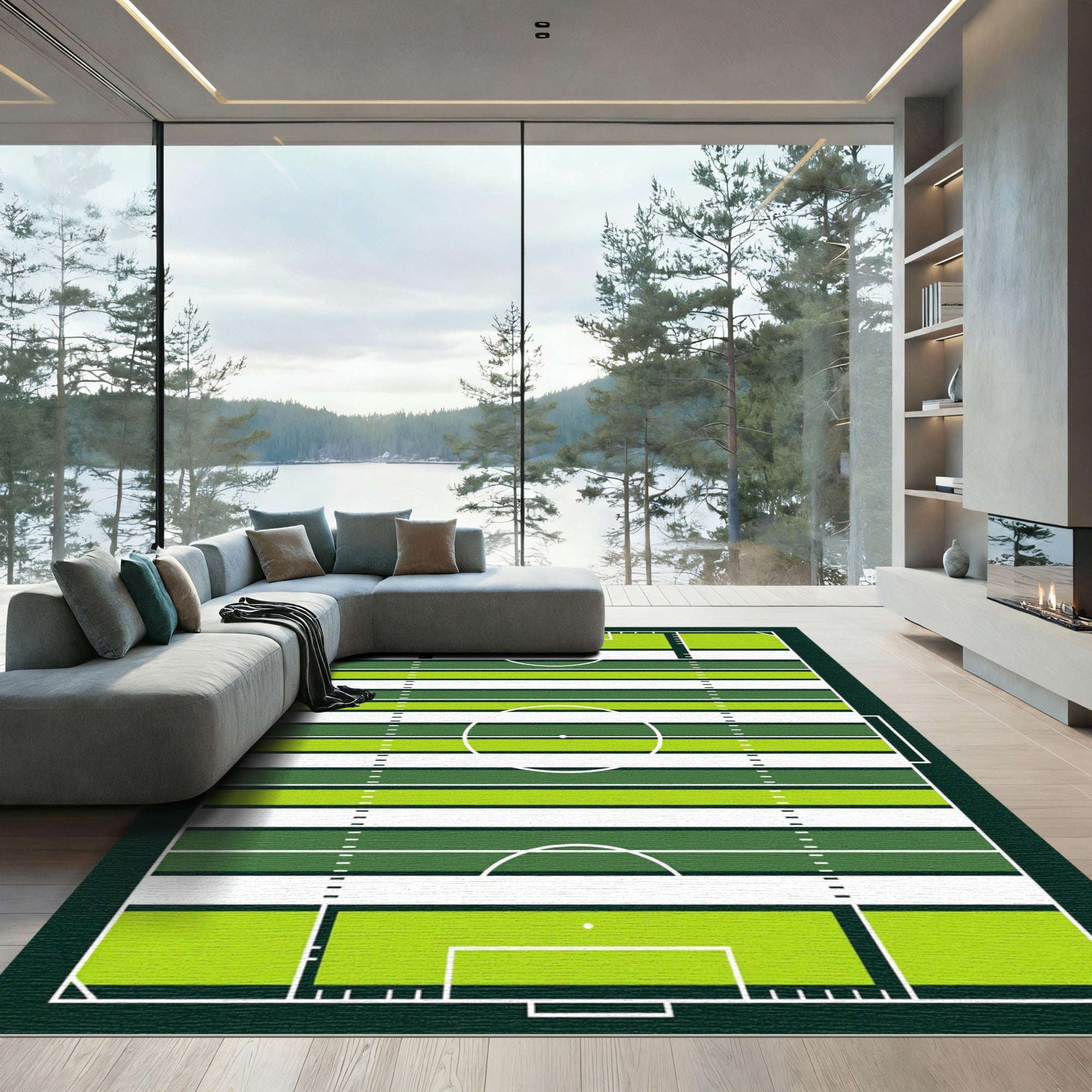 Modern Green and White Striped Pitch Rug