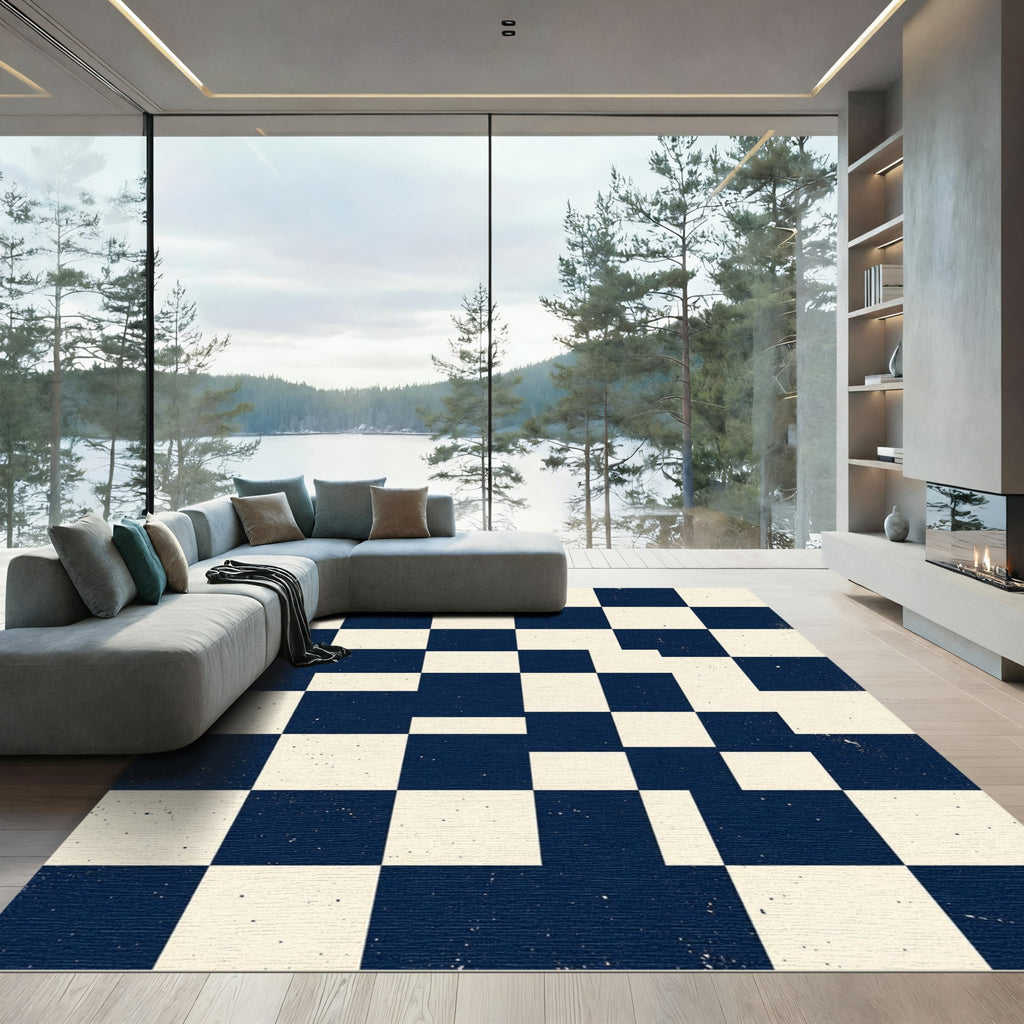 Classic Navy Cream Checkered Grit Rug