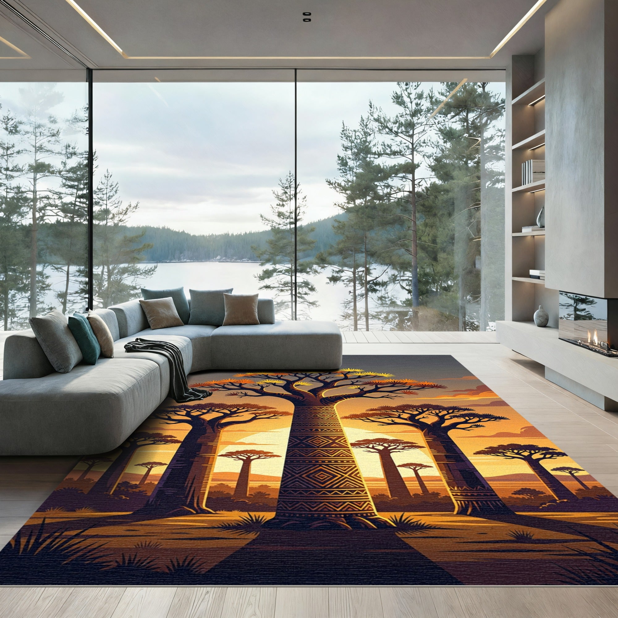 Golden Baobab Sunset African Tribal Art Rug