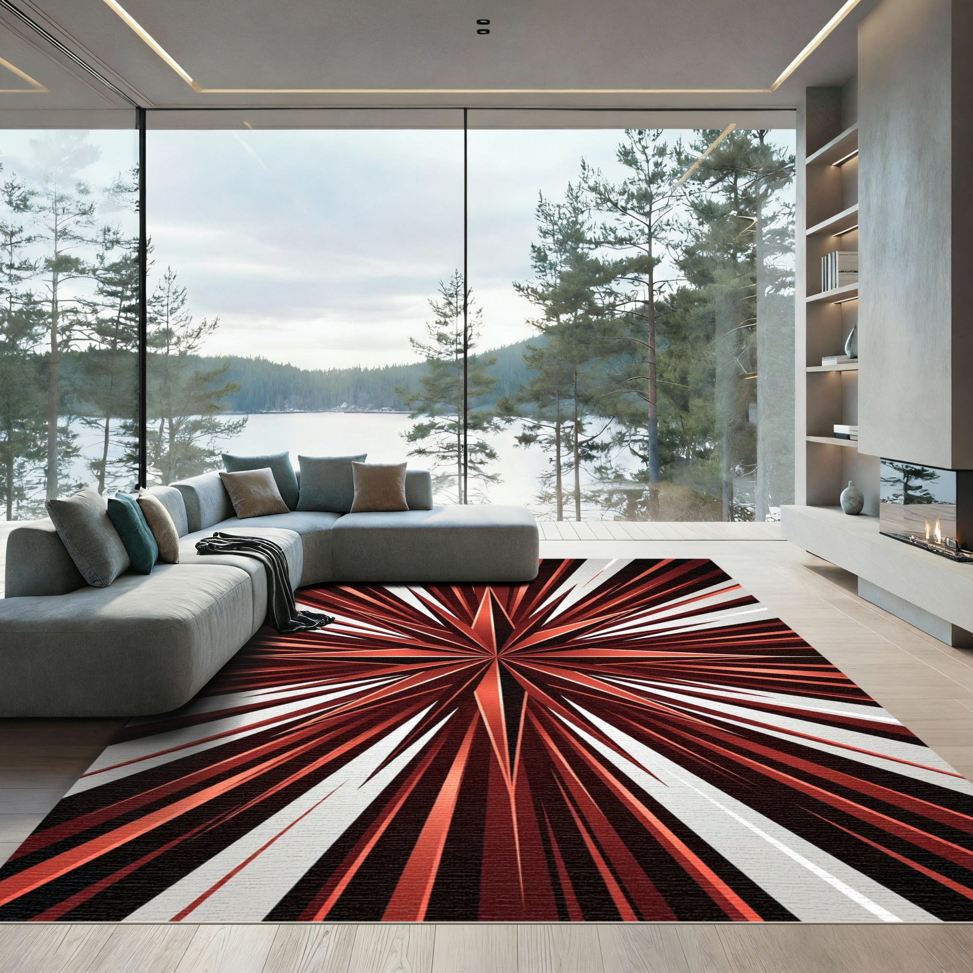 Crimson Starburst Radial Stripes Rug