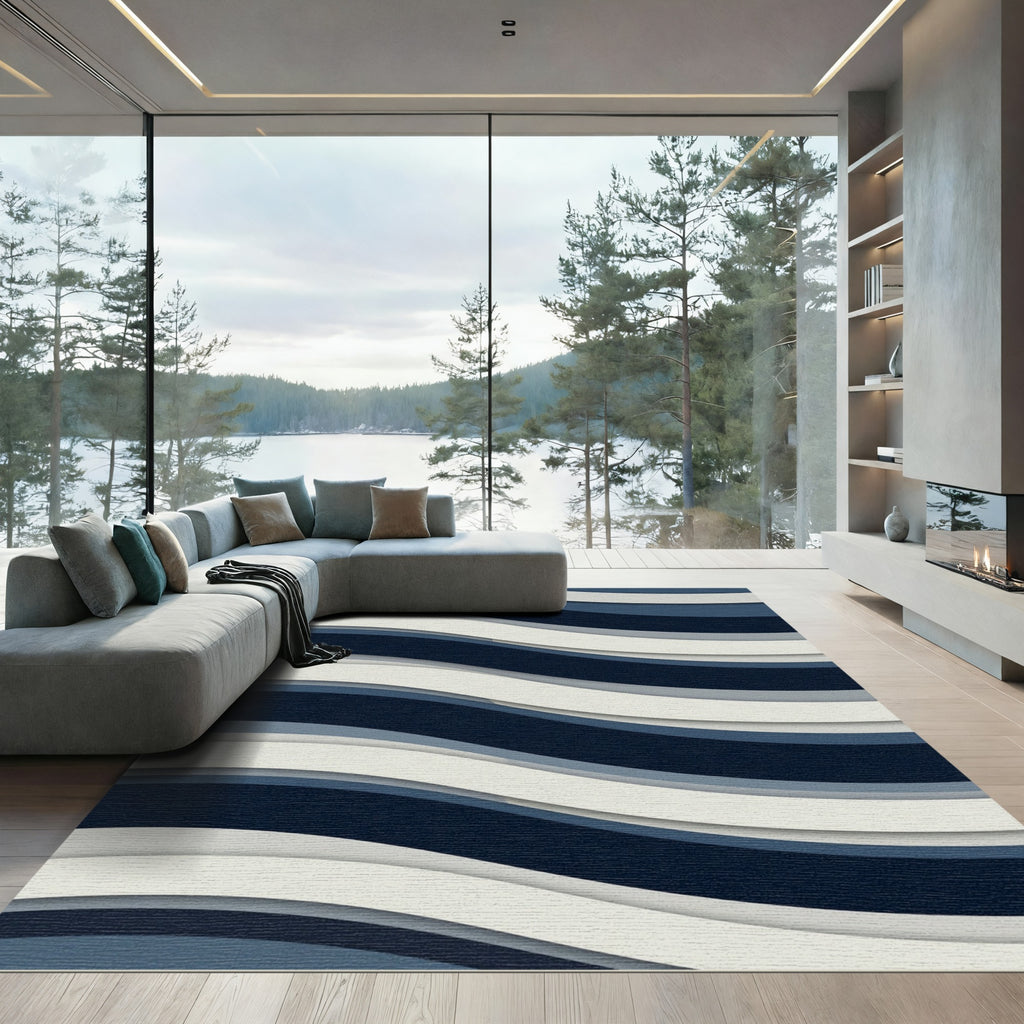 Modern Navy and White Abstract Waves Rug