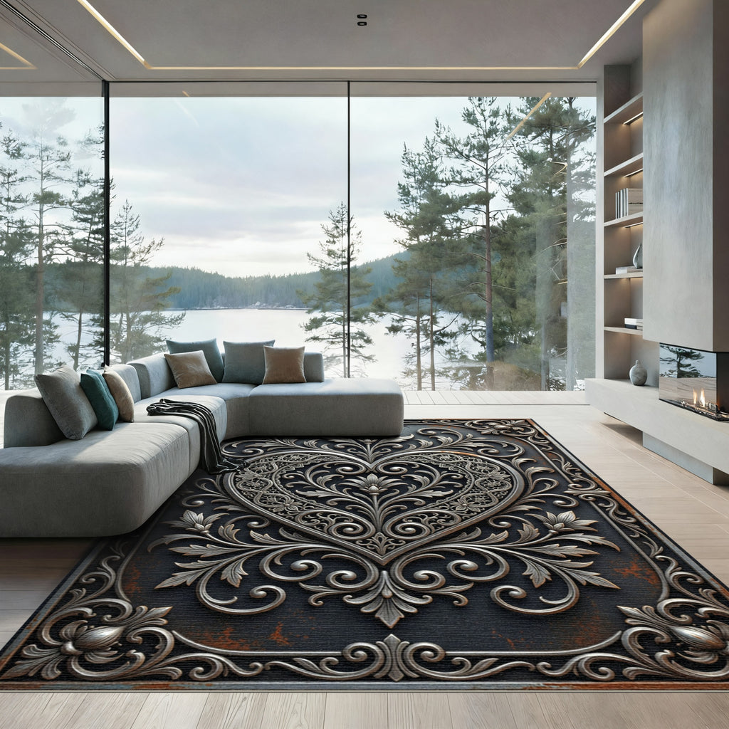 Ornate Silver Heart Damask Medallion Rug