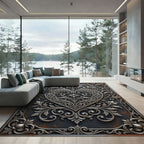Ornate Silver Heart Damask Medallion Rug
