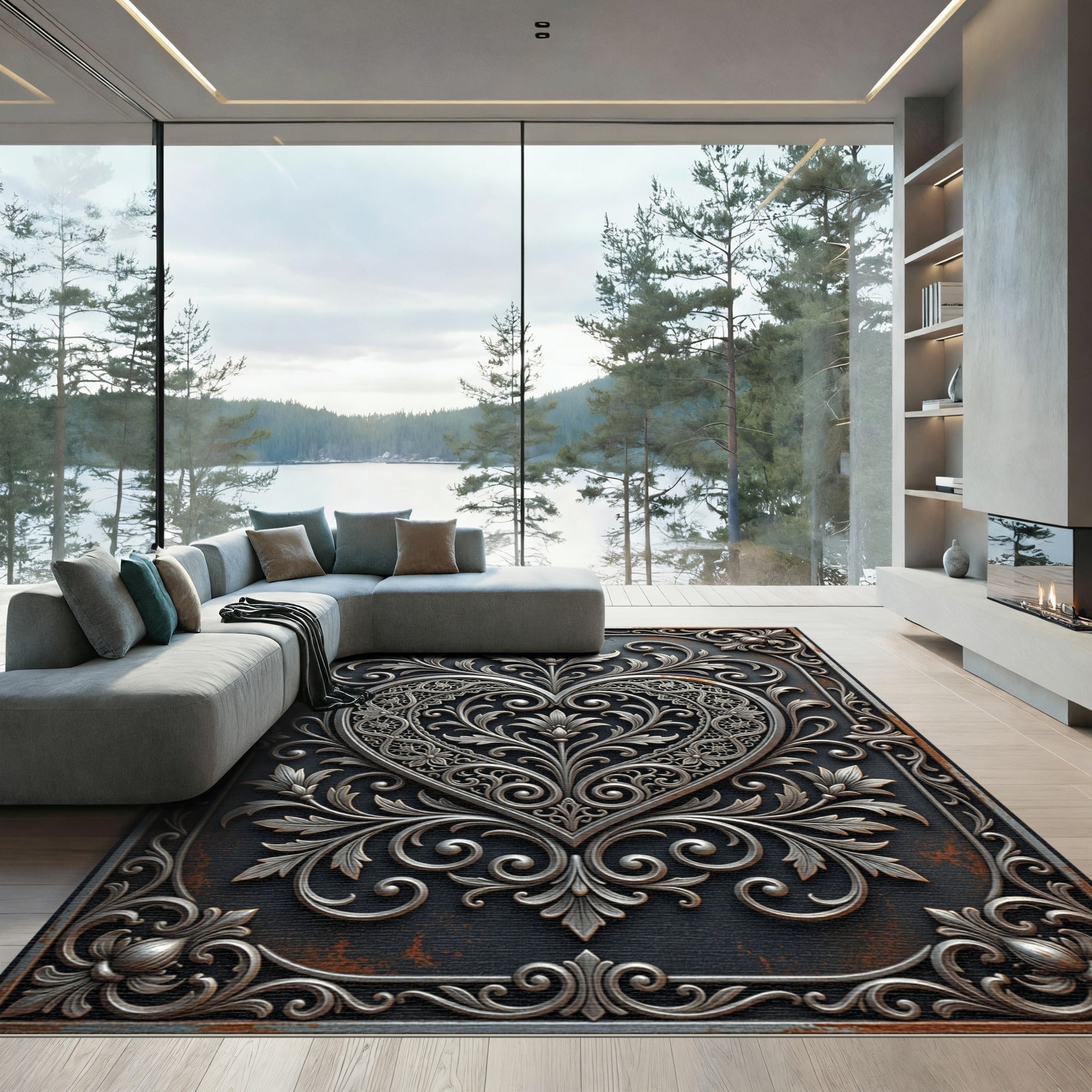 Ornate Silver Heart Damask Medallion Rug