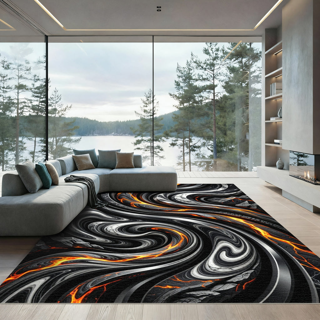 Dramatic Black Marble Lava Swirl Rug