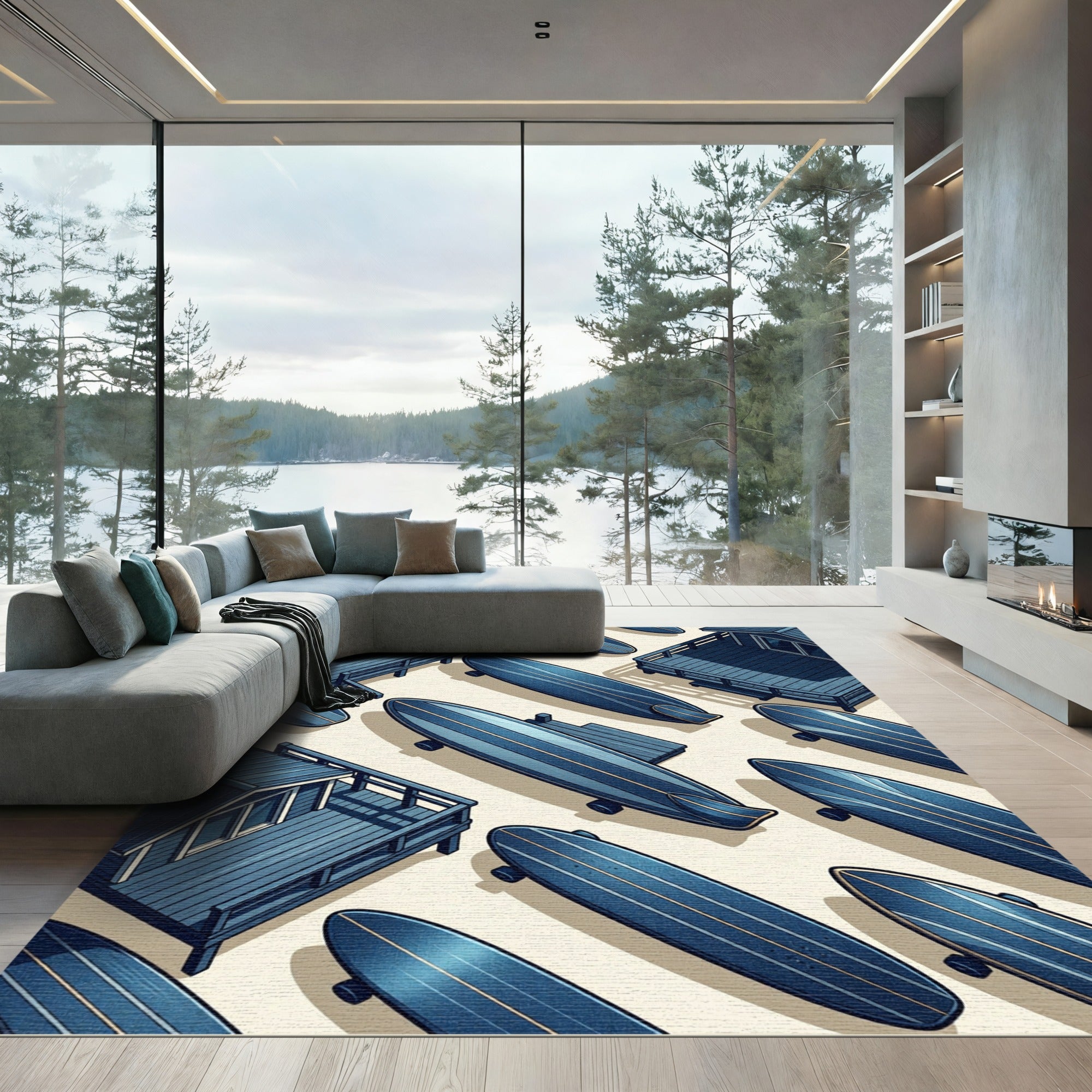 Coastal Navy Surfboard Isometric Illustration Rug