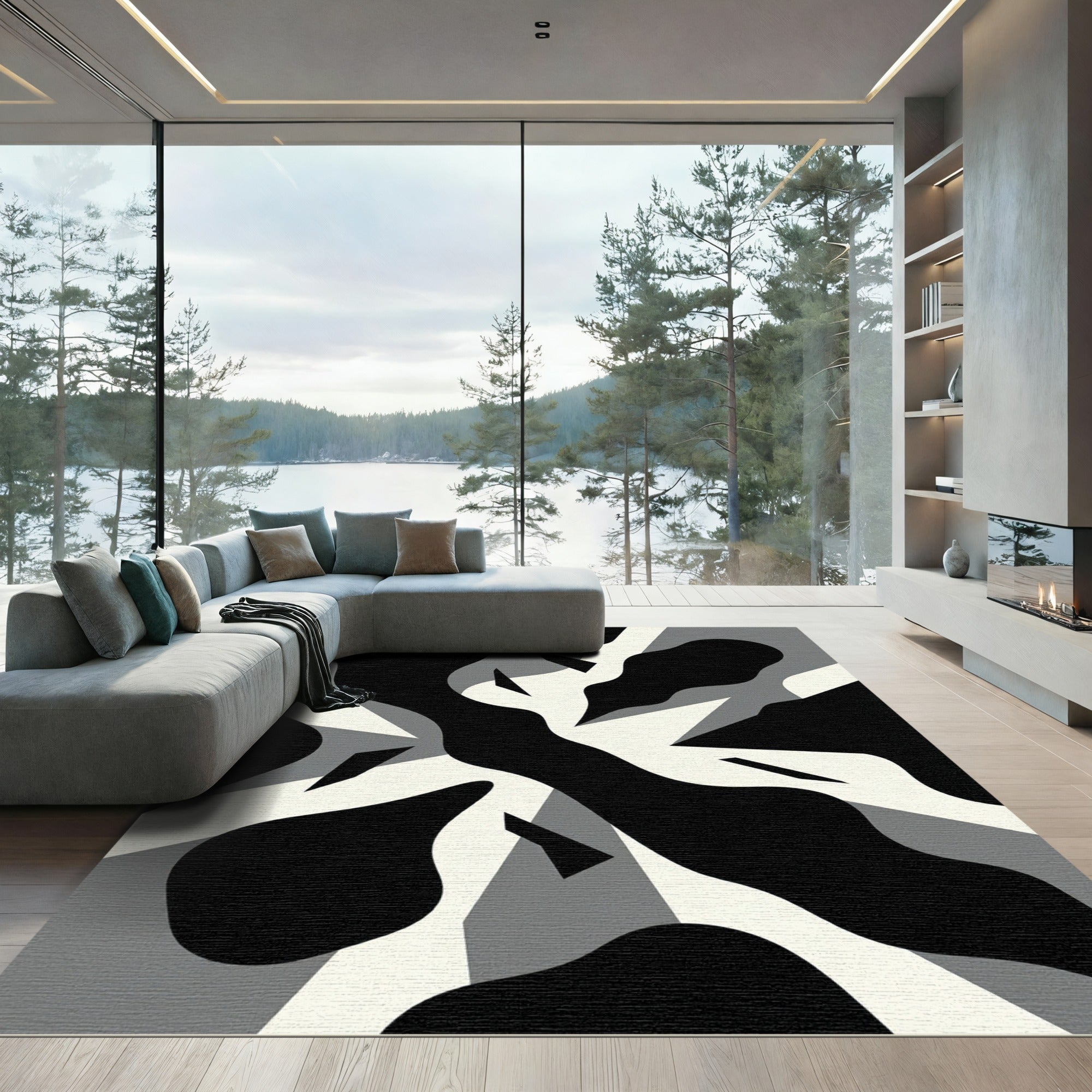 Black White Gray Abstract Shape Rug