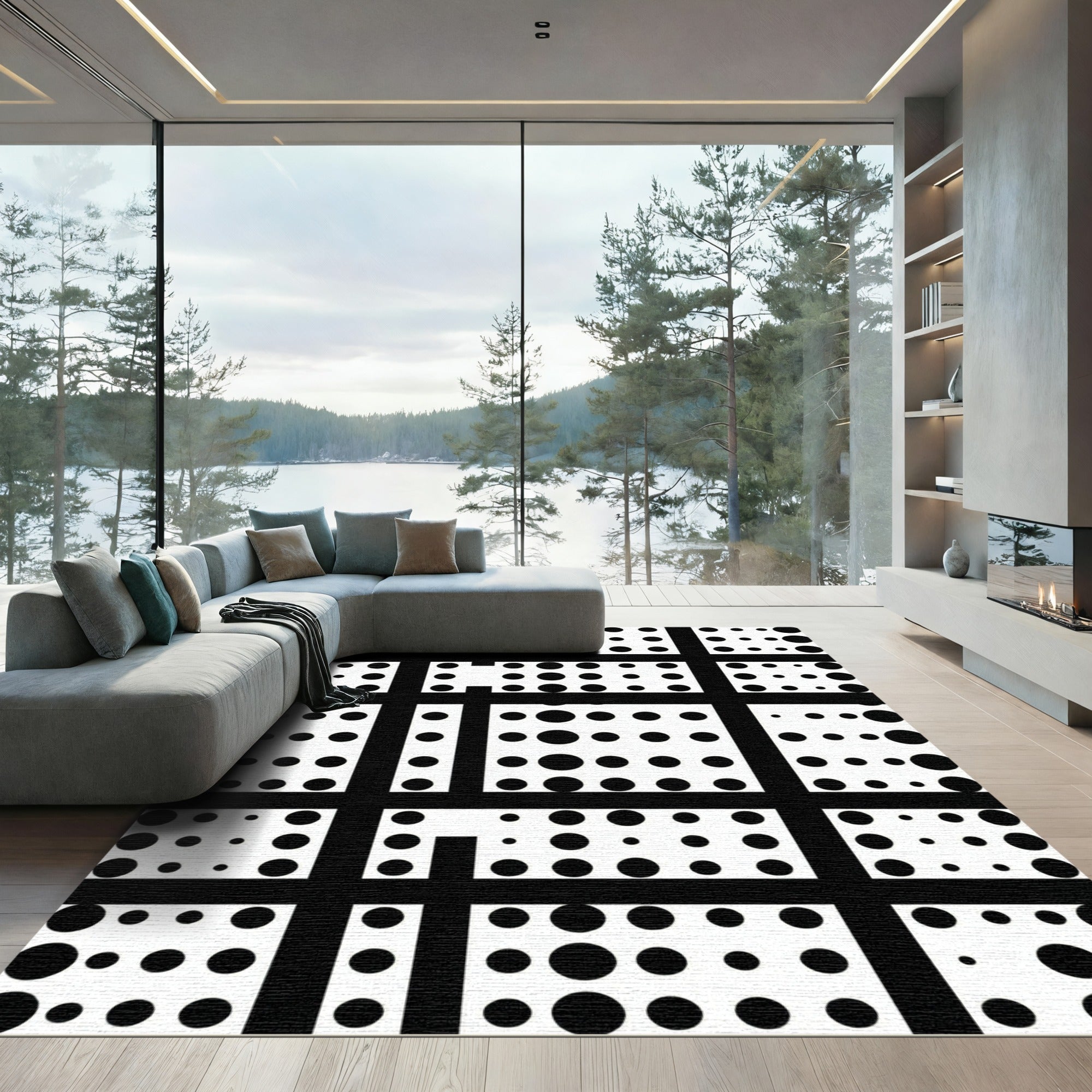 Black White Polka Dot Grid Rug