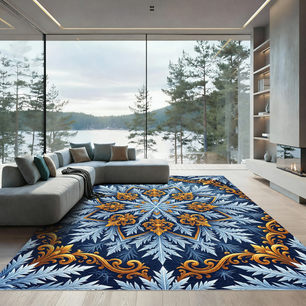 Golden Filigree Navy Frost Snowflake Decorative Rug