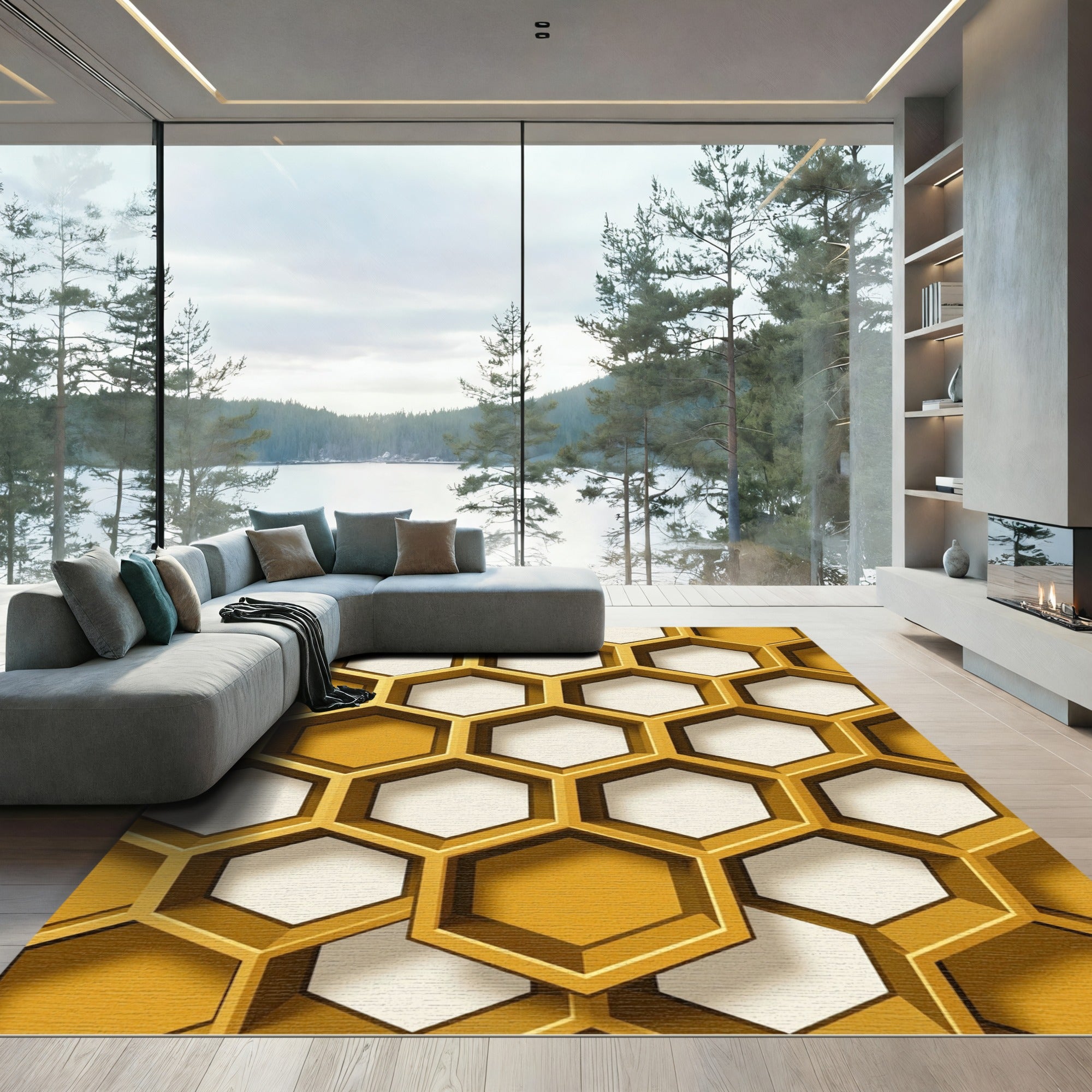 Modern Honey Gold Geometric Hexagon Rug