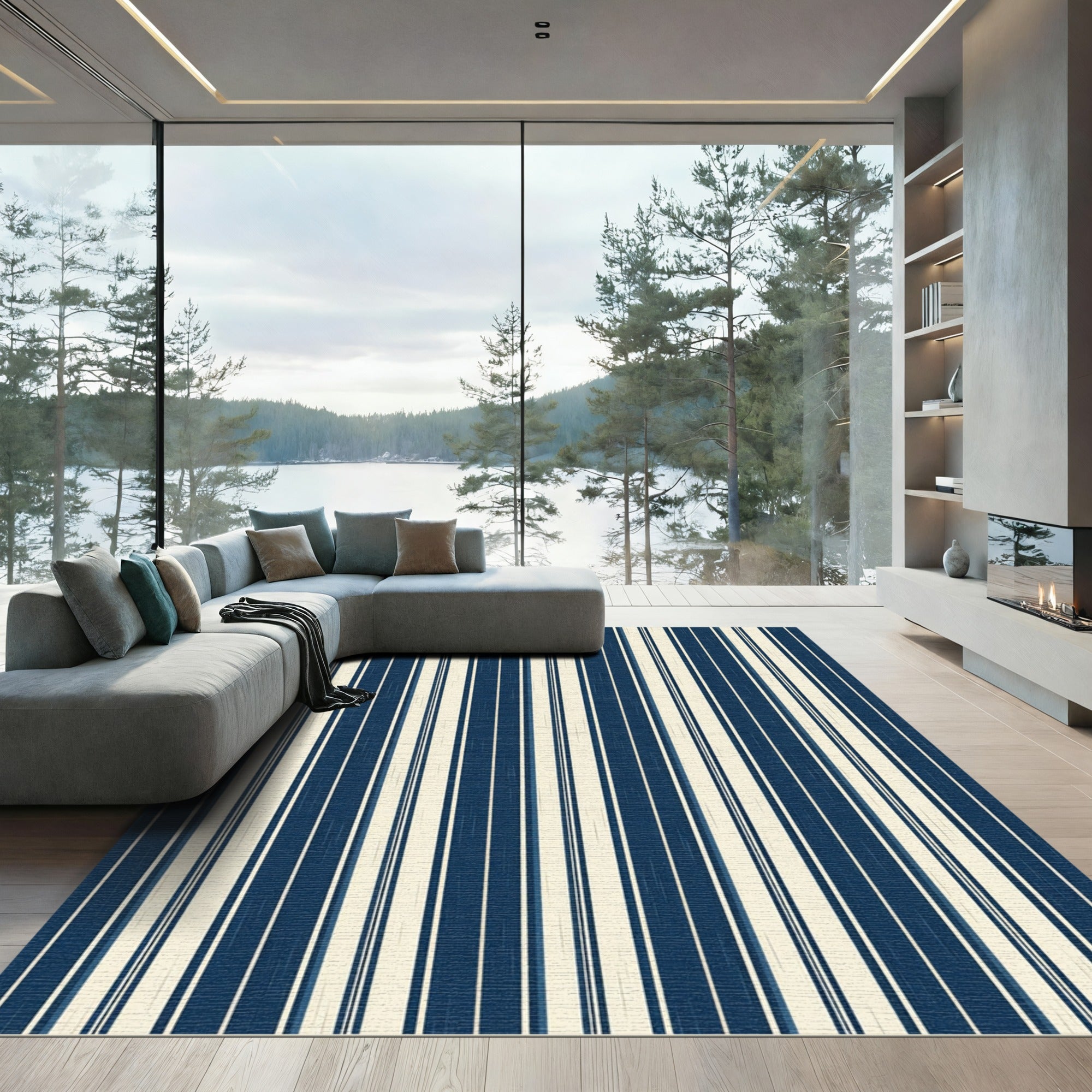 Classic Navy and Cream Pinstripe Rug