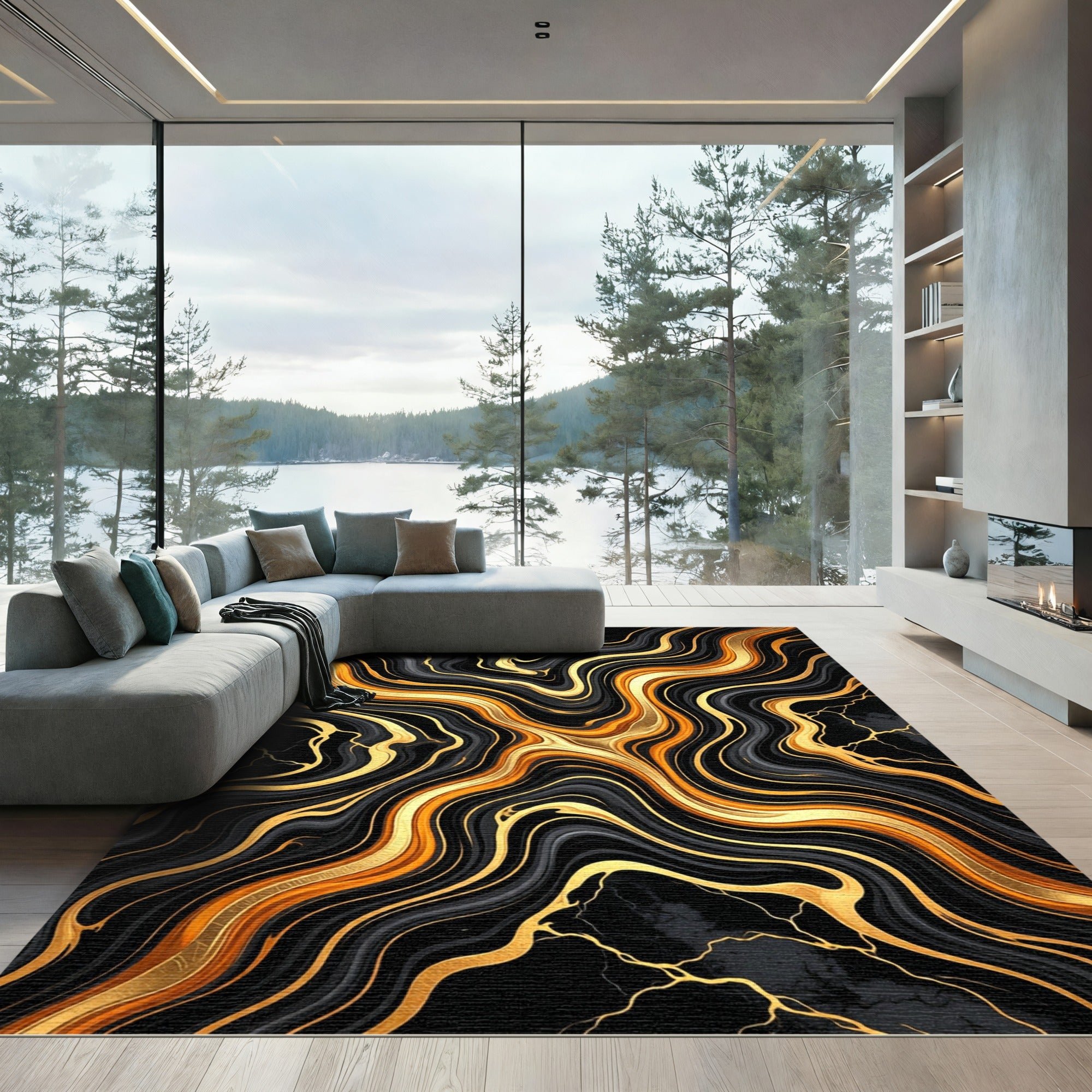 Black Gold Swirl Marble Abstract Rug