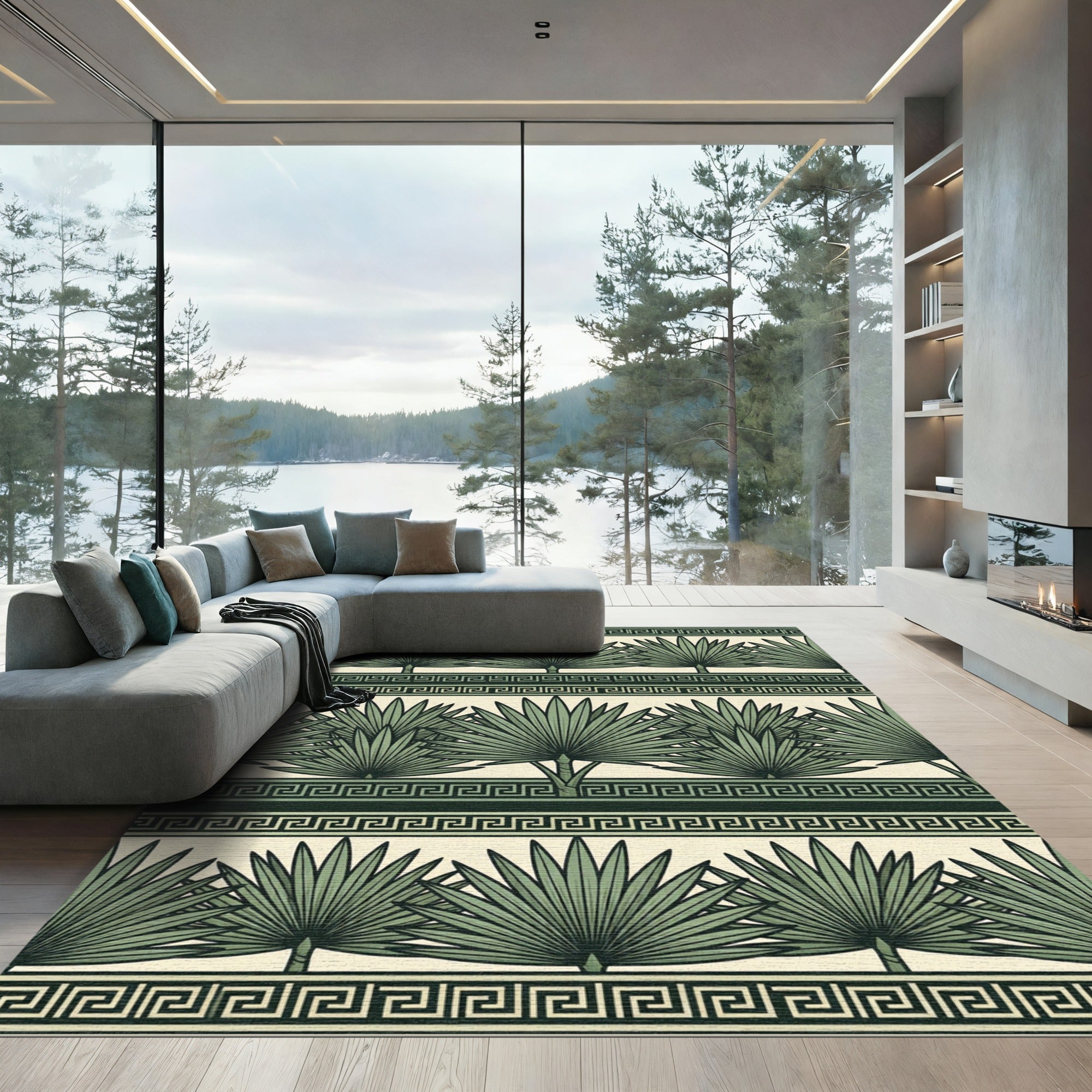 Sage Green Botanical Greek Key Trellis Rug
