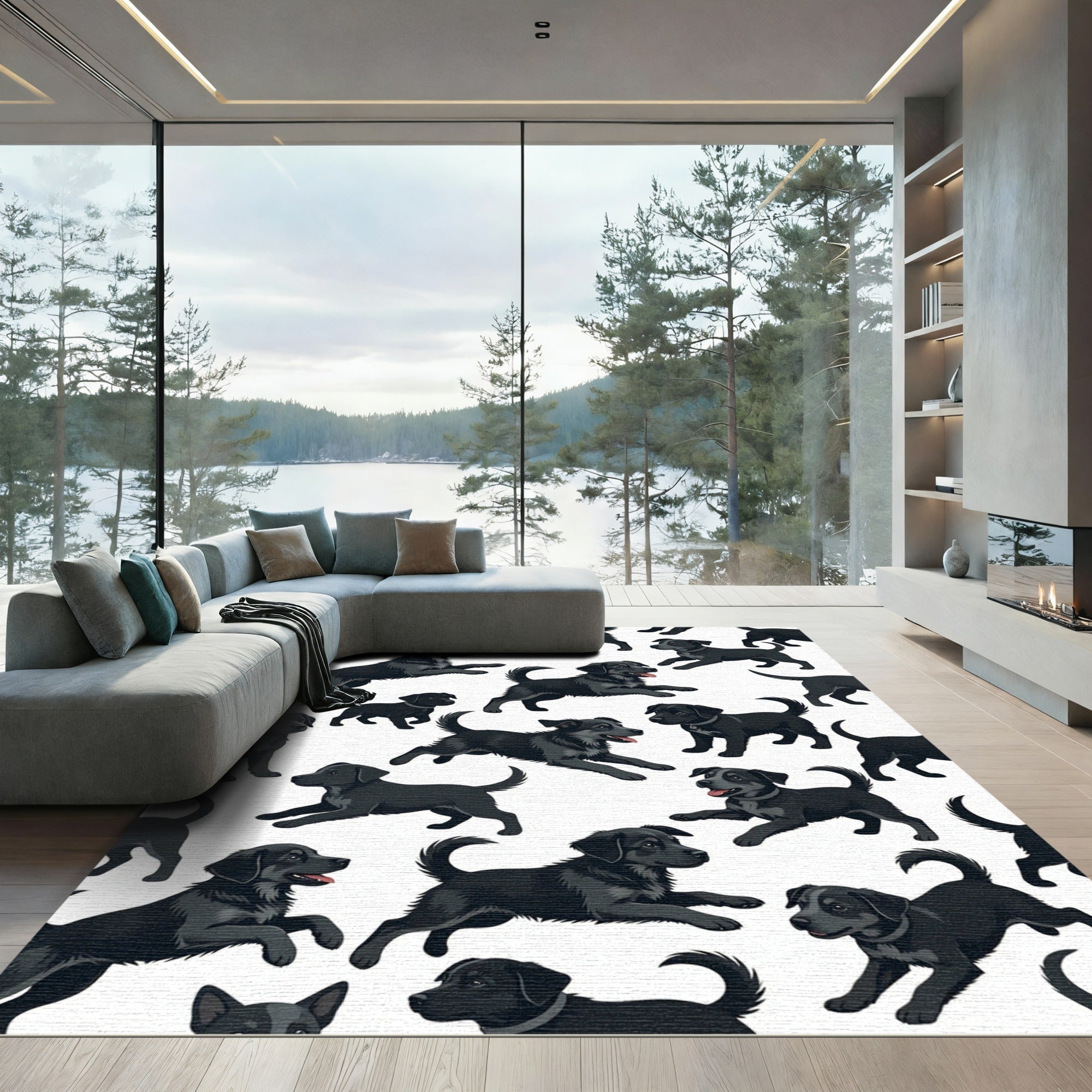 Playful Black Puppy Scattered Illustration Rug