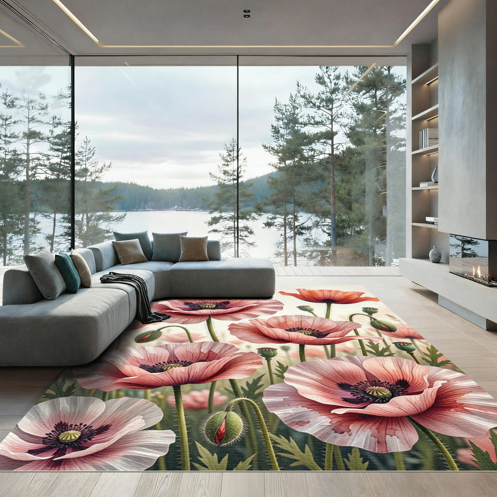 Blushing Pastel Poppies Botanical Art Rug