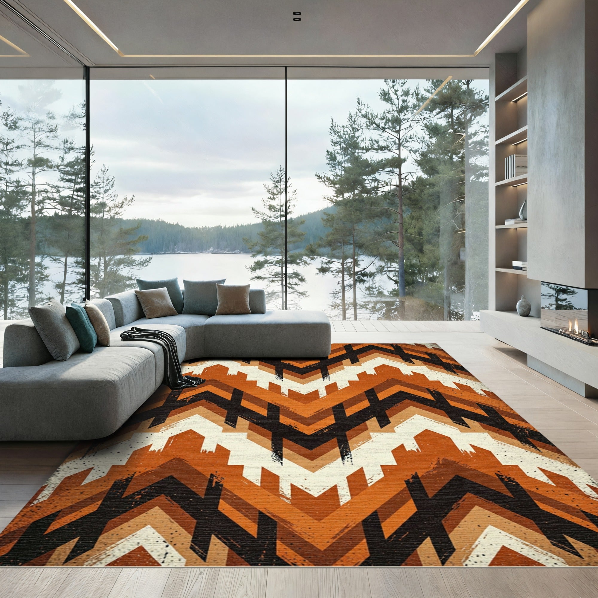 Earthy Terracotta Chevron Geometric Abstract Rug