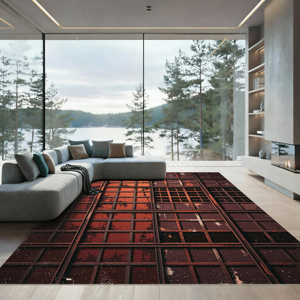 Distressed Red Grid Industrial Rug