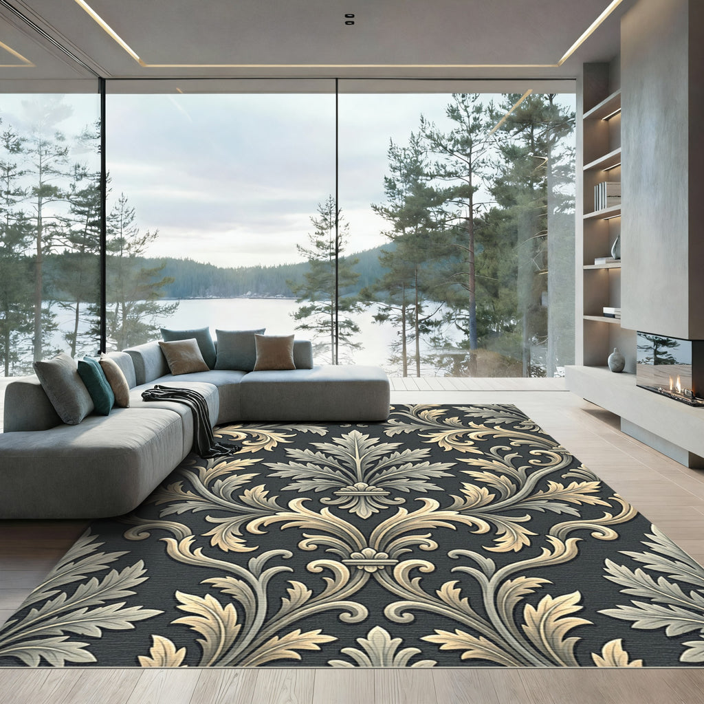 Elegant Charcoal and Cream Damask Accents Rug