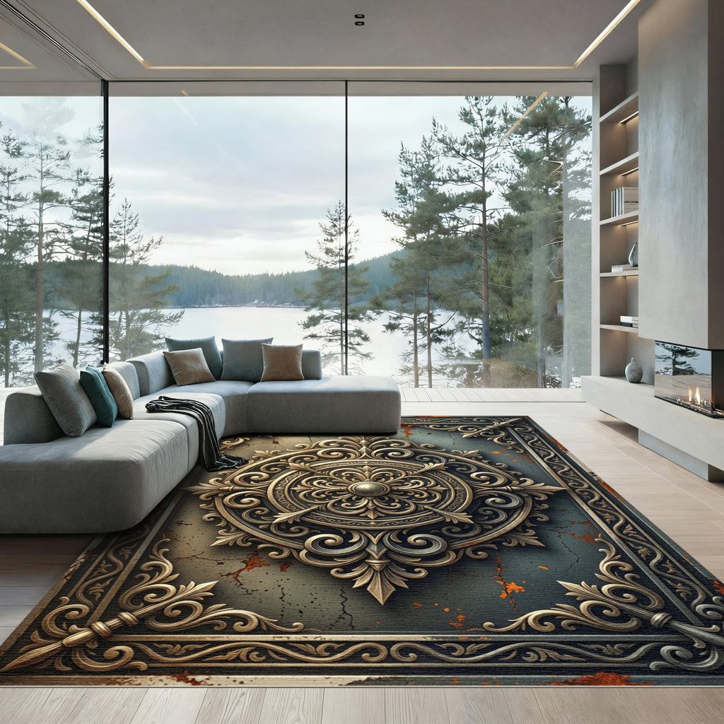 Antique Bronze Filigree Ornate Medallion Rug