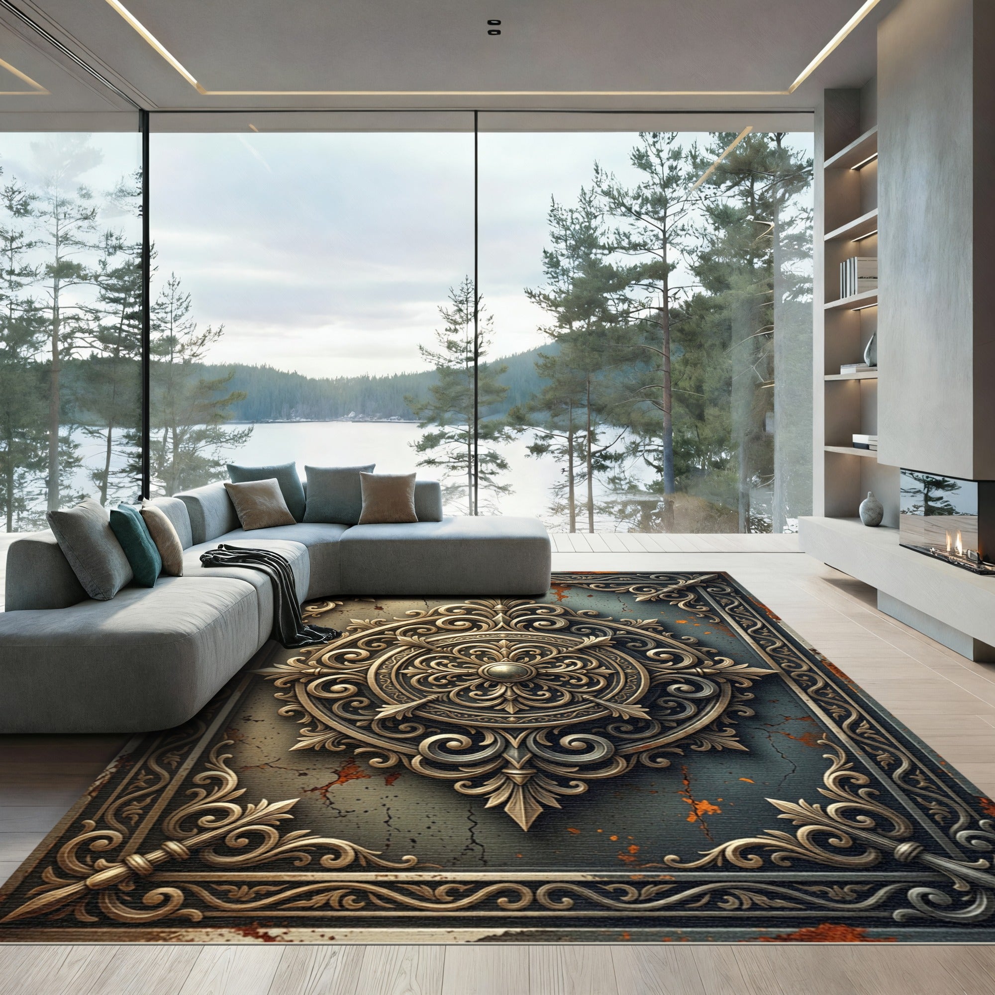 Antique Bronze Filigree Ornate Medallion Rug