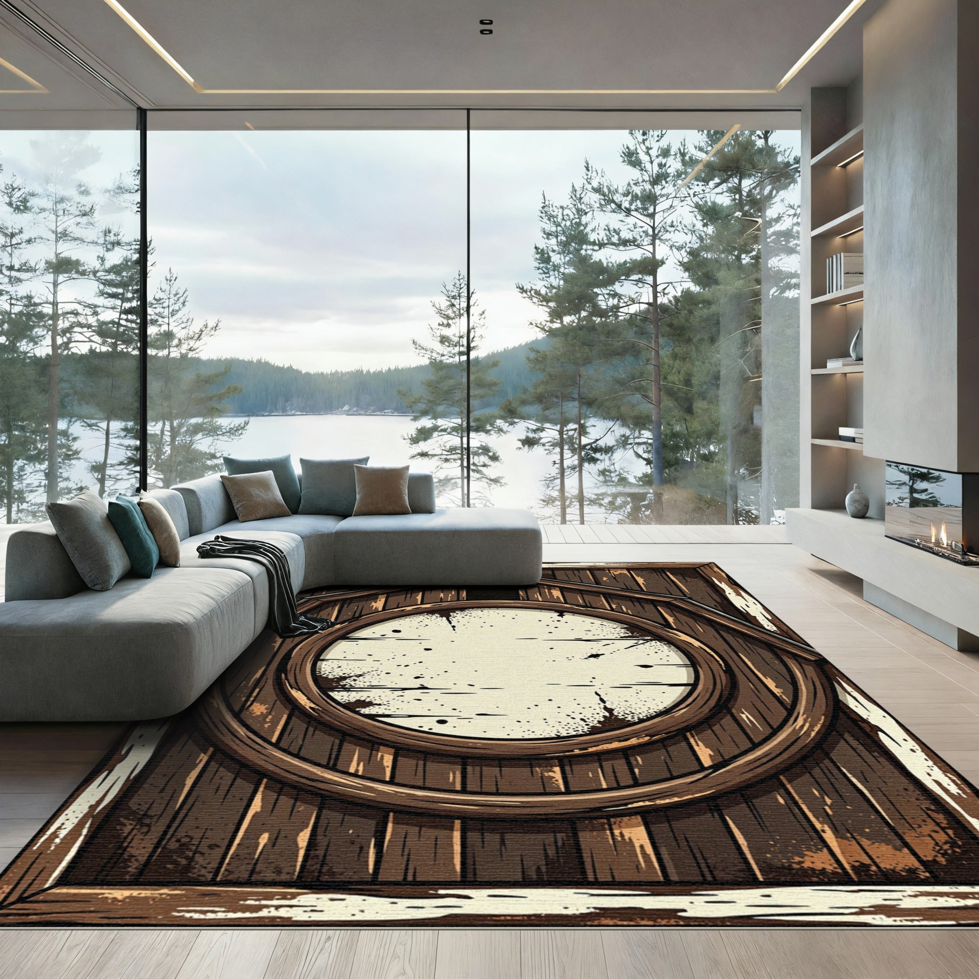 Ornate Rustic Wood Grain Roundel Rug