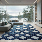 Geometric Navy Blue Lattice Grid Rug