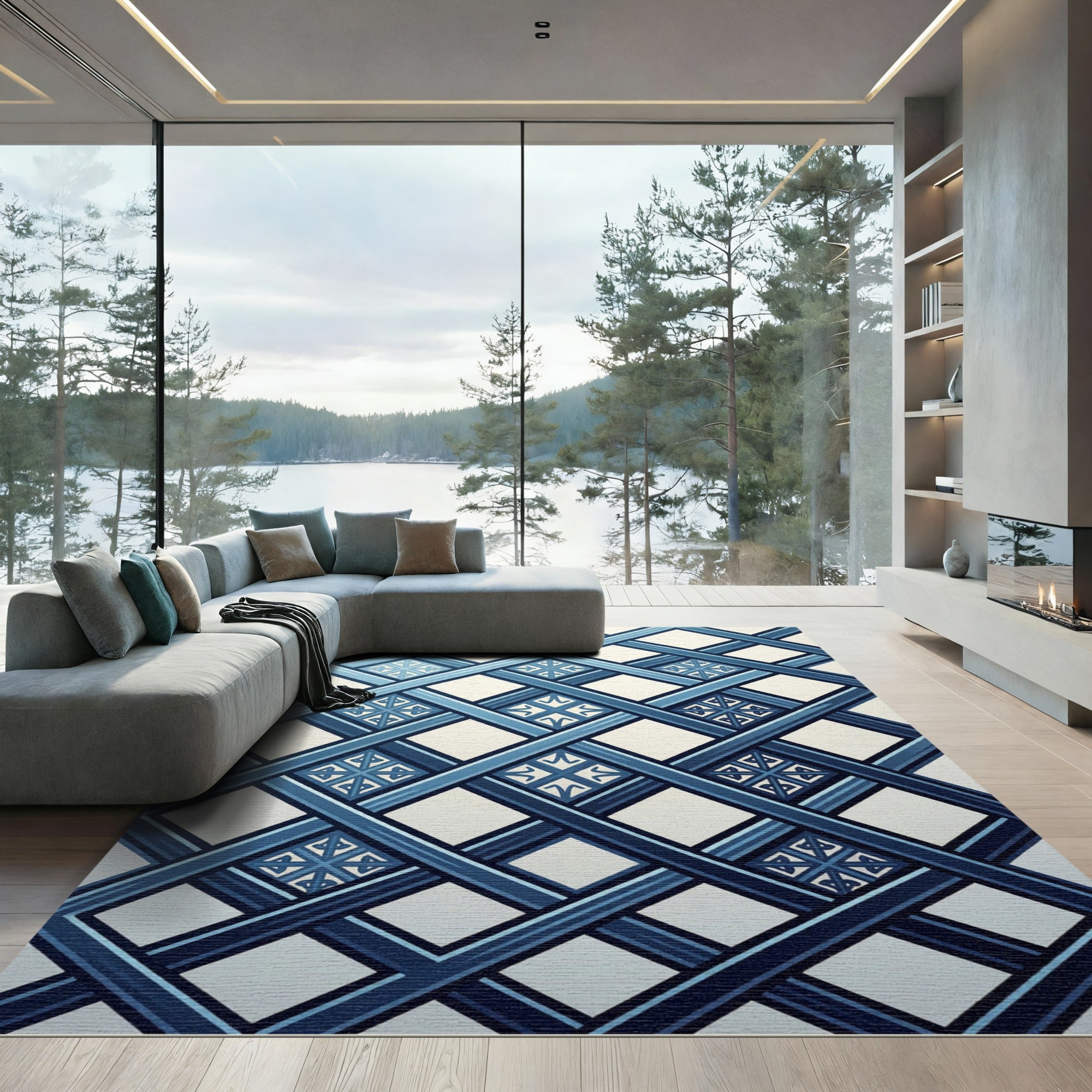Geometric Navy Blue Lattice Grid Rug