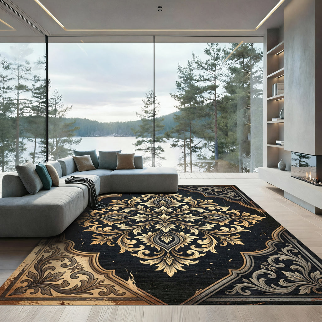 Ornate Damask Gold Black Foliage Area Rug