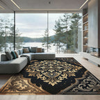 Ornate Damask Gold Black Foliage Area Rug