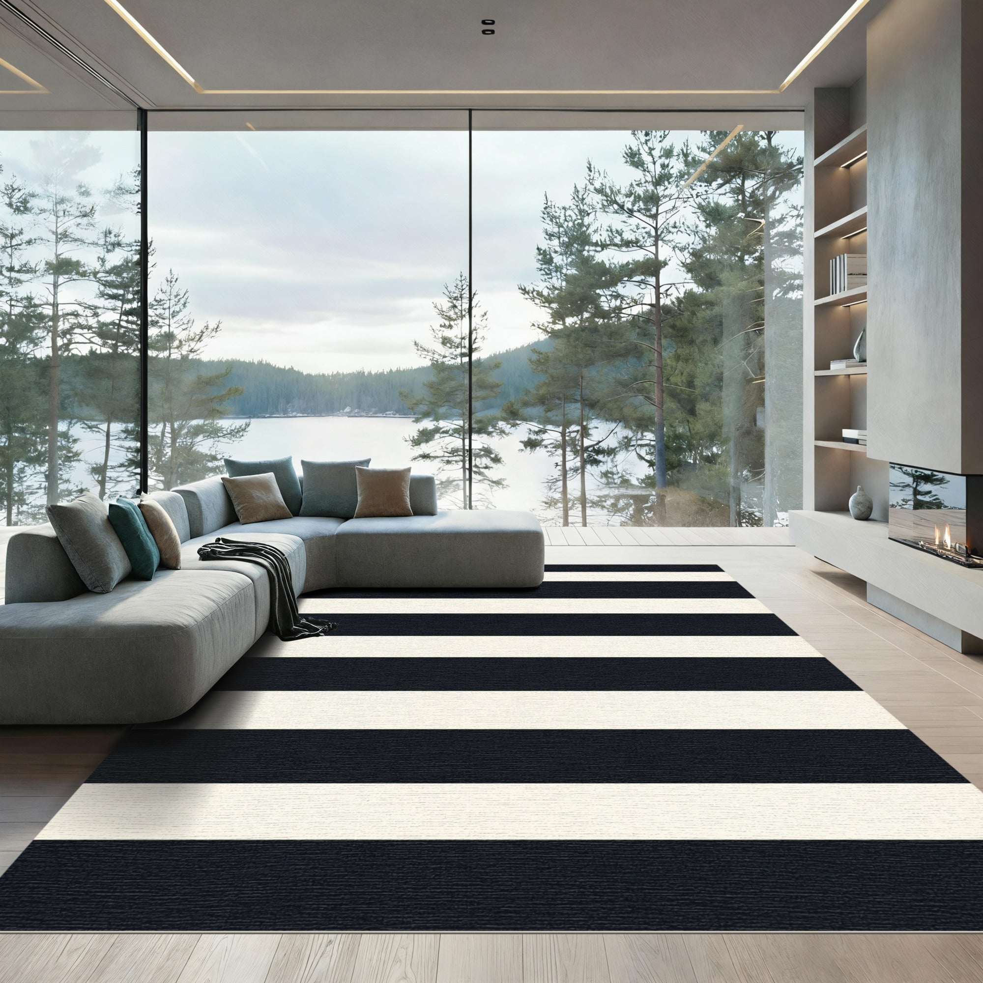 Bold Black Ivory Horizontal Stripe Rug