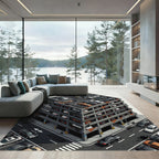 Isometric Garage Cars Black Gold Rug