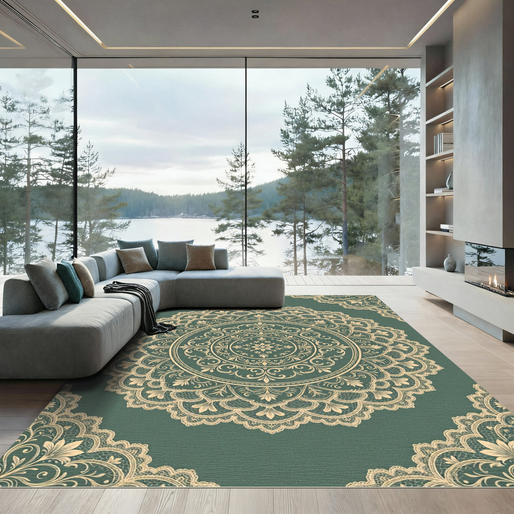 Elegant Teal Damask Lace Medallion Rug