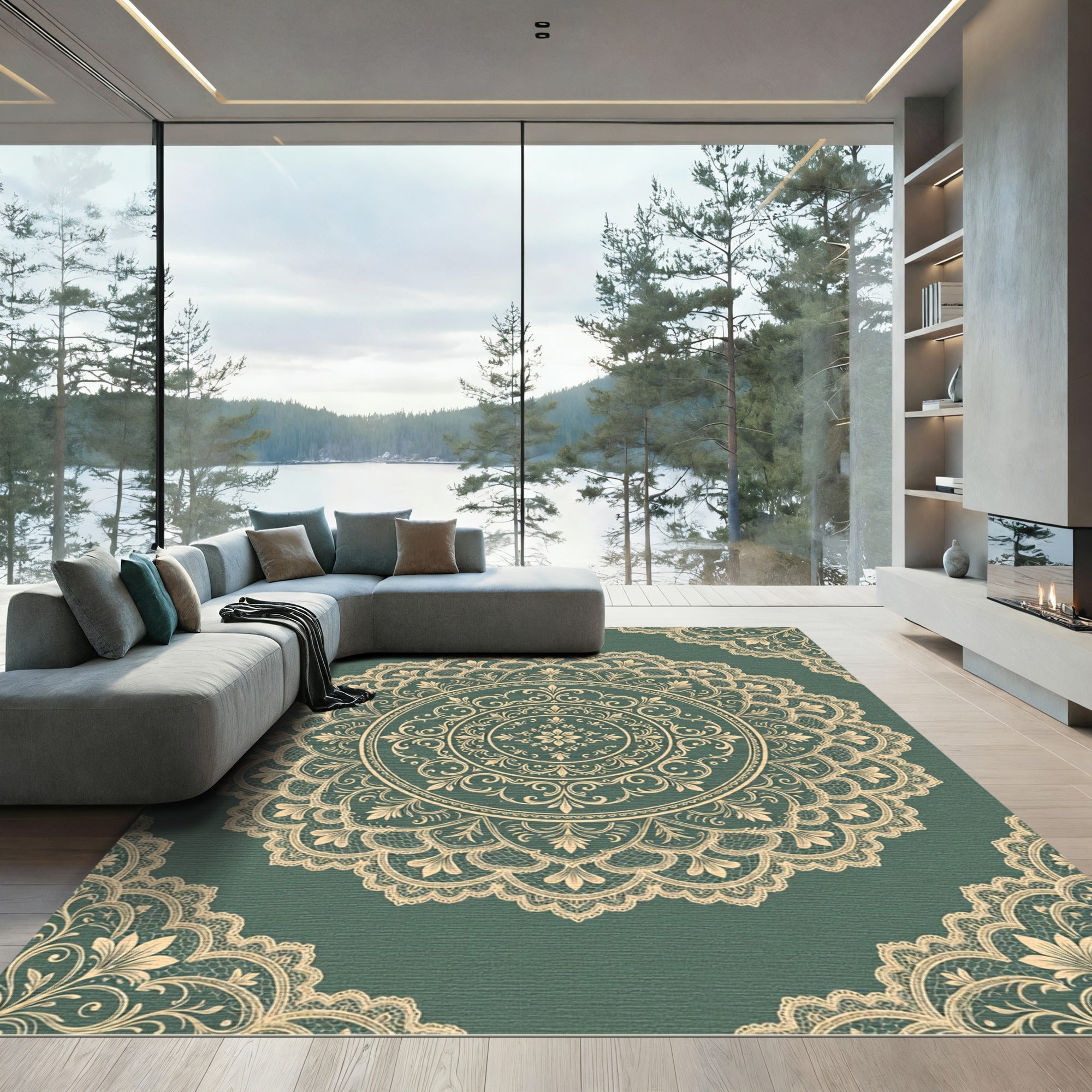 Elegant Teal Damask Lace Medallion Rug