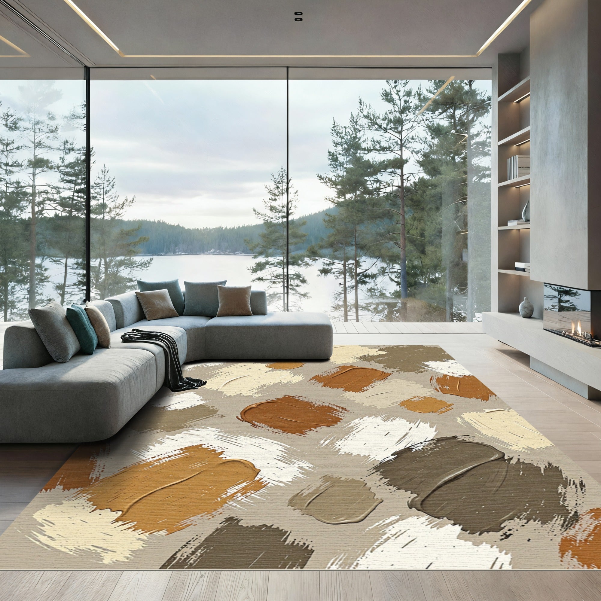 Neutral Earth Tone Abstract Brushstrokes Rug