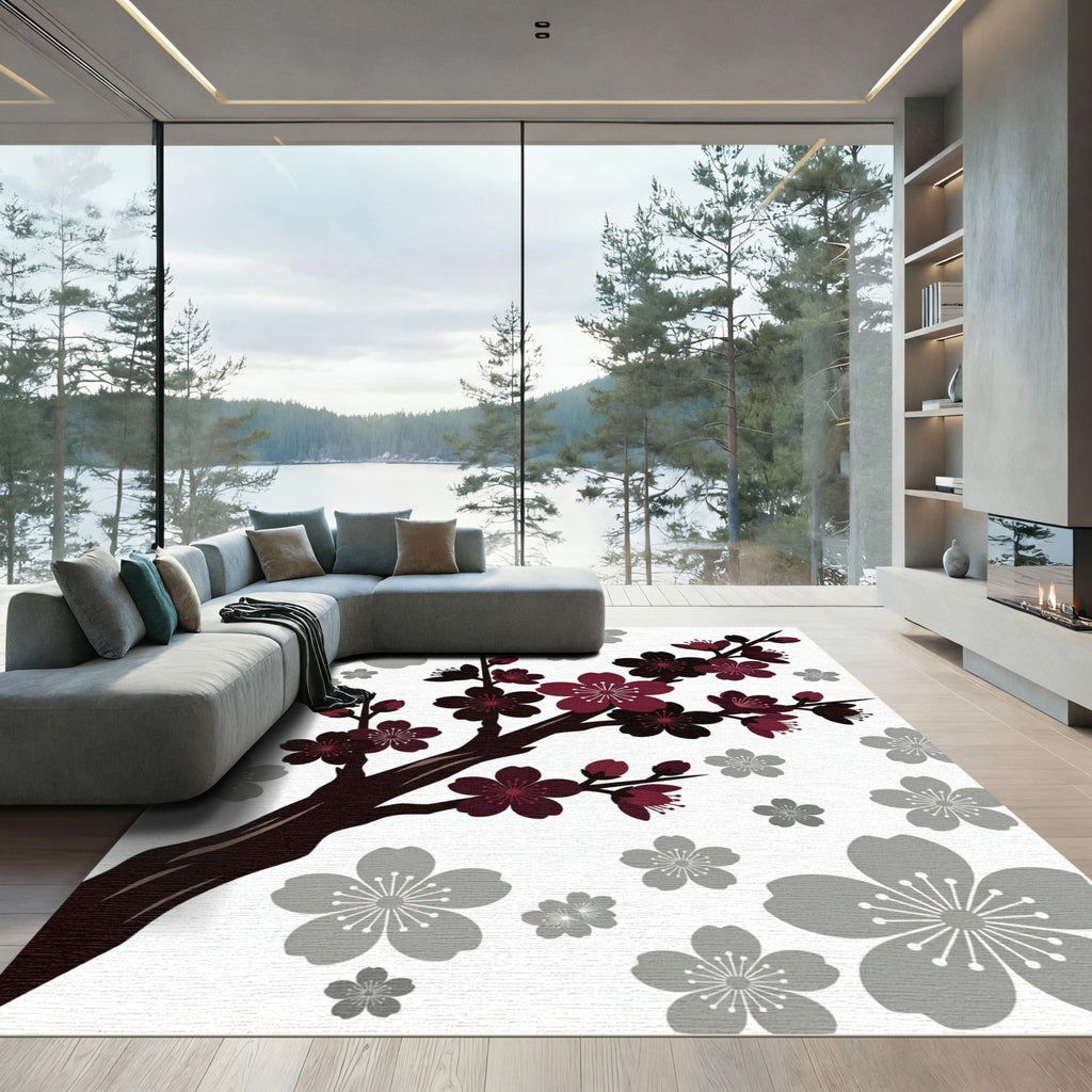 Crimson Gray Cherry Blossoms Branch Rug