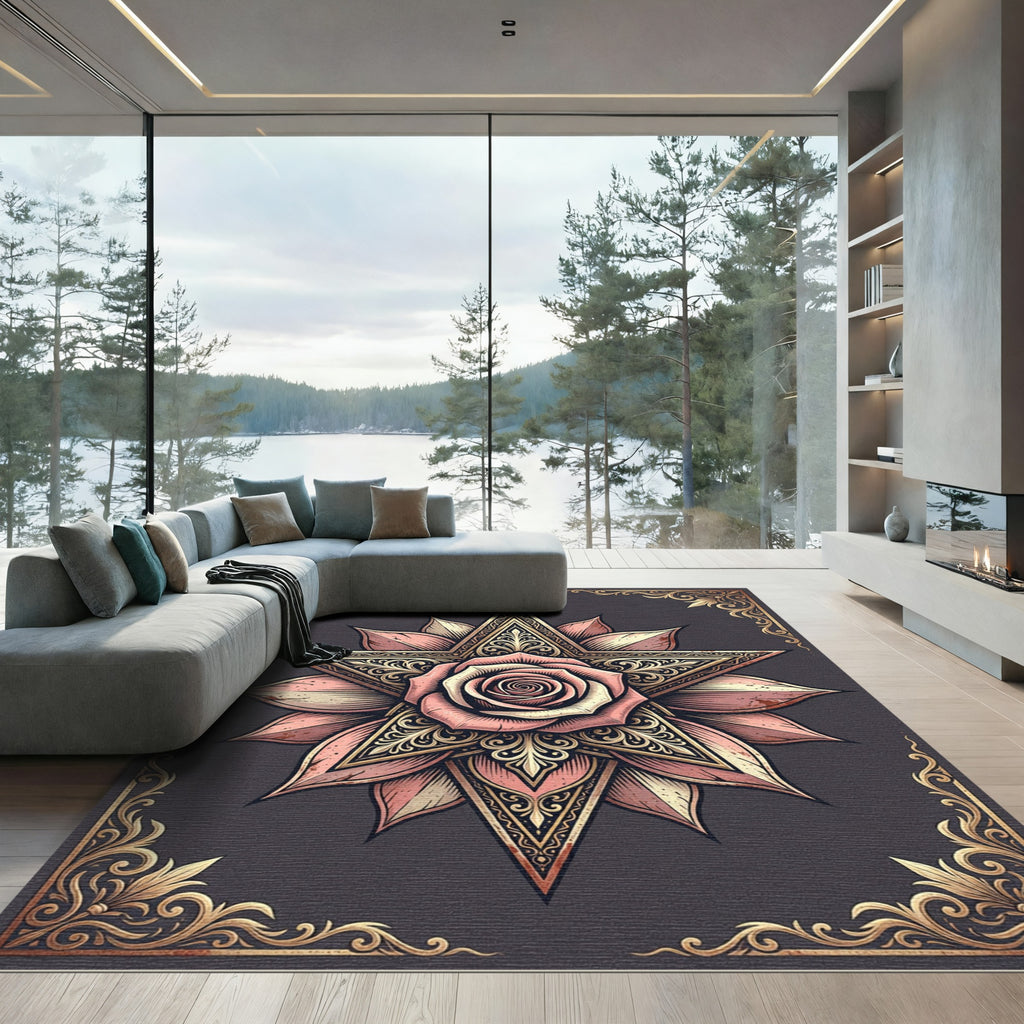 Elegant Blush Rose Golden Star Medallion Rug