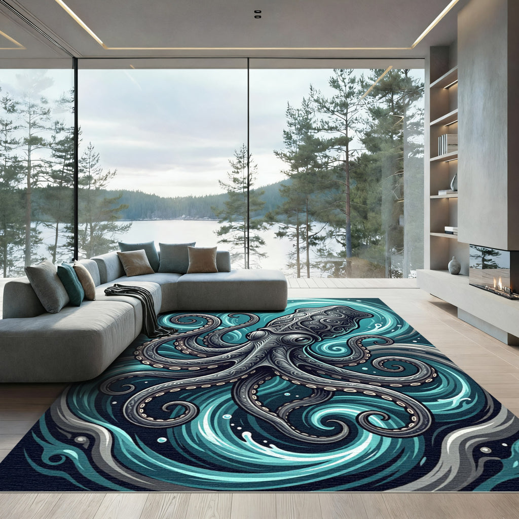 Intricate Swirling Octopus Teal Ocean Rug