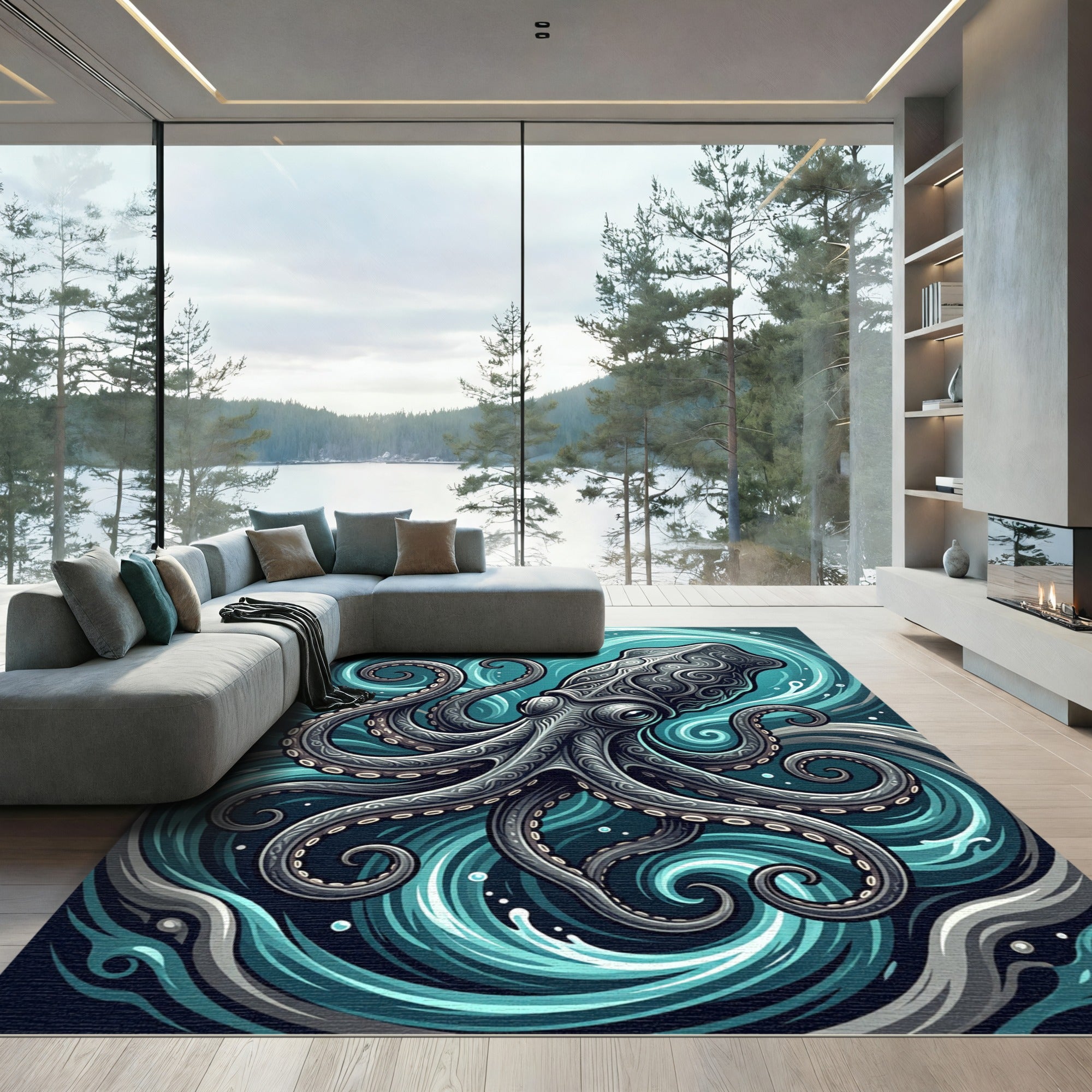 Intricate Swirling Octopus Teal Ocean Rug