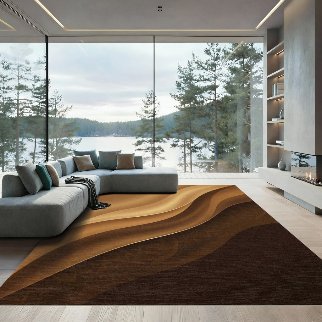 Earthy Gold Wavy Geometric Curves Rug