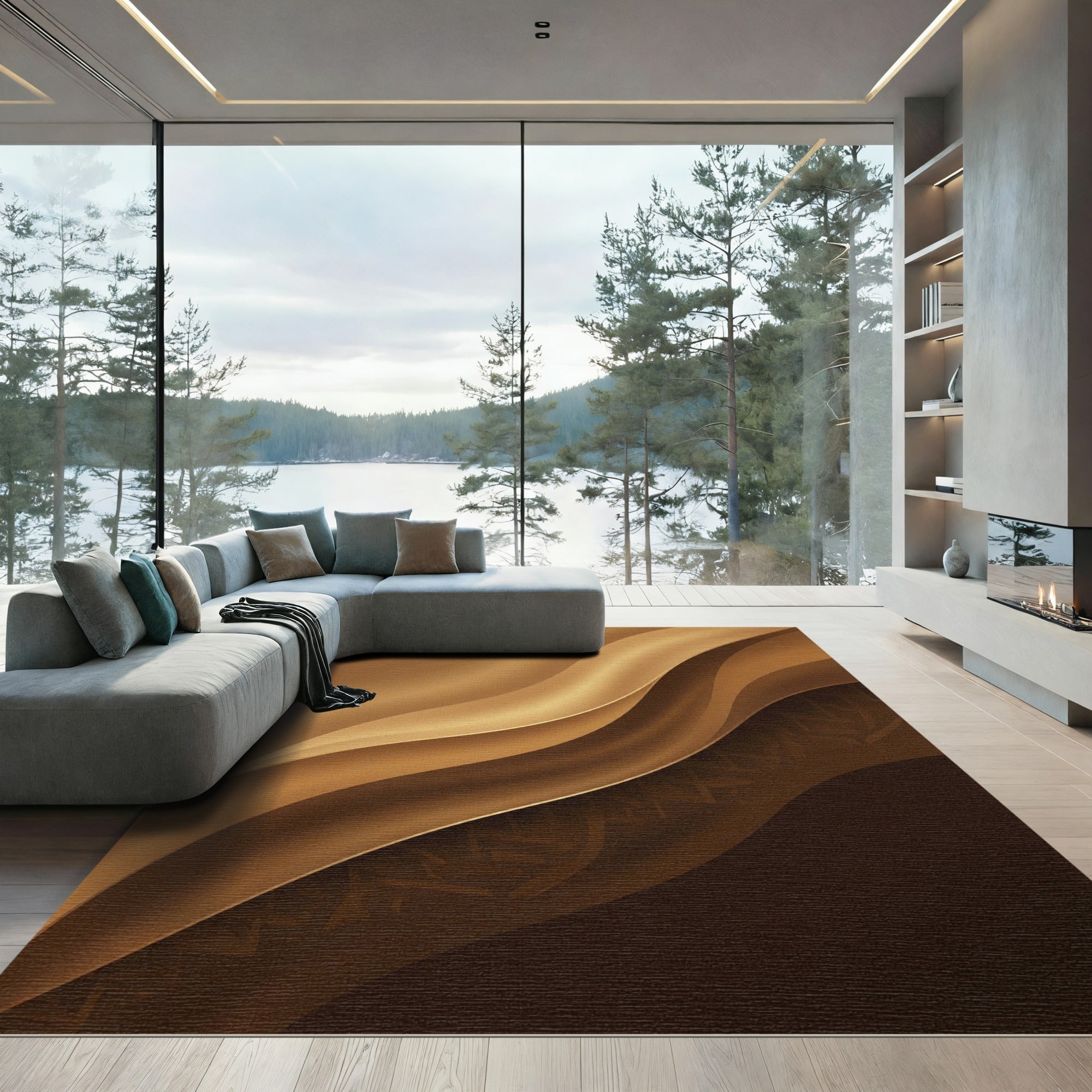 Earthy Gold Wavy Geometric Curves Rug