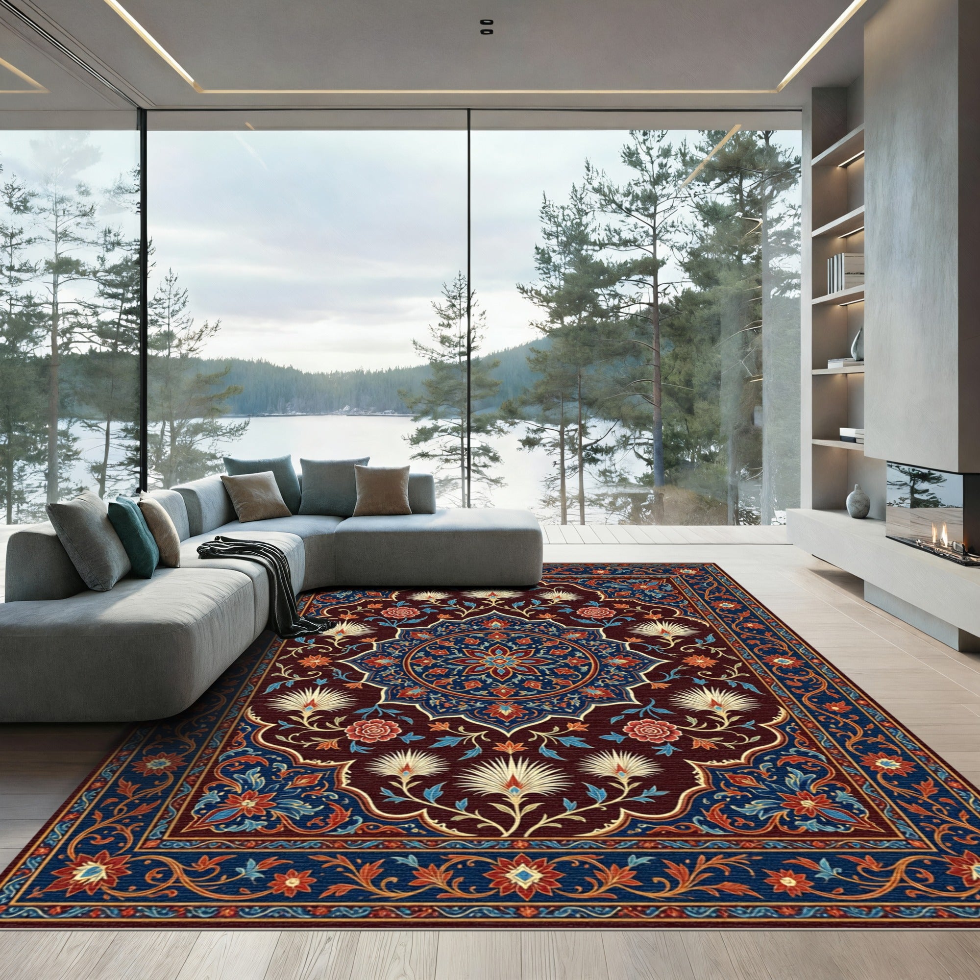 Ornate Red Blue Floral Medallion Rug