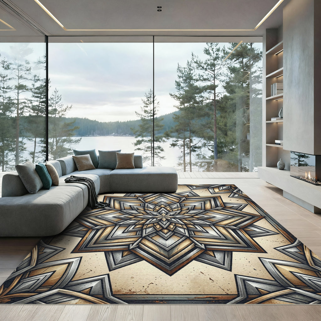 Metallic Gold Geometric Mandala Rug