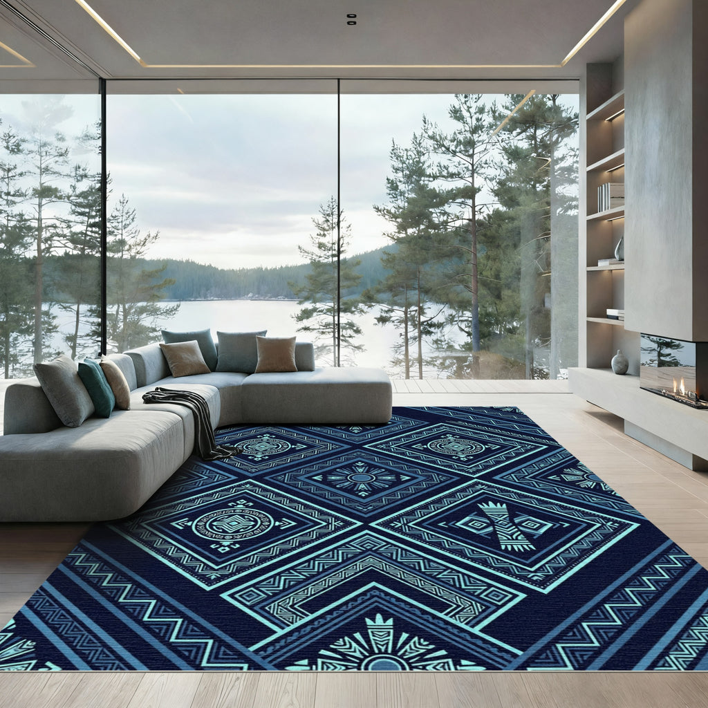 Deep Blue Geometric Tribal Diamonds Rug