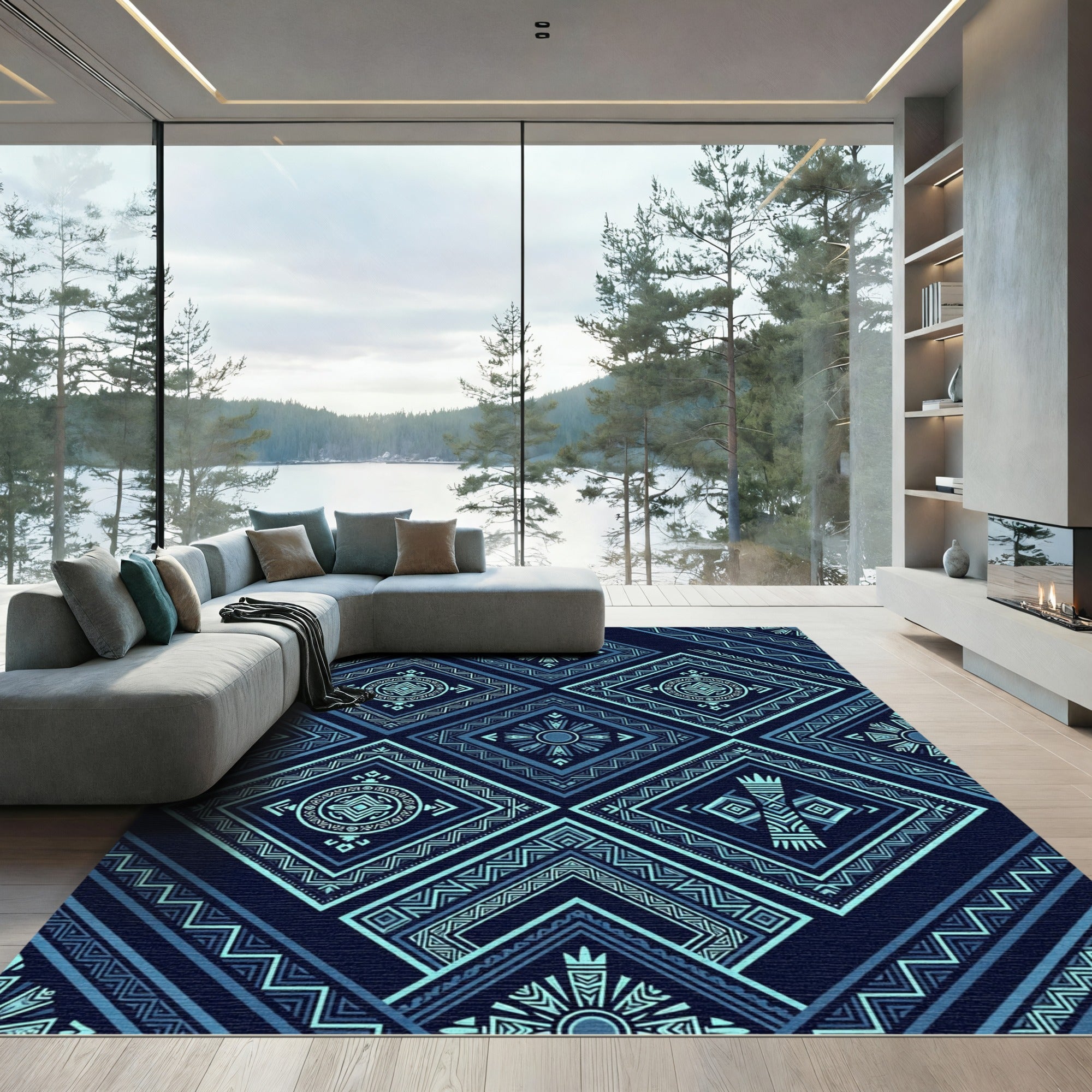 Deep Blue Geometric Tribal Diamonds Rug