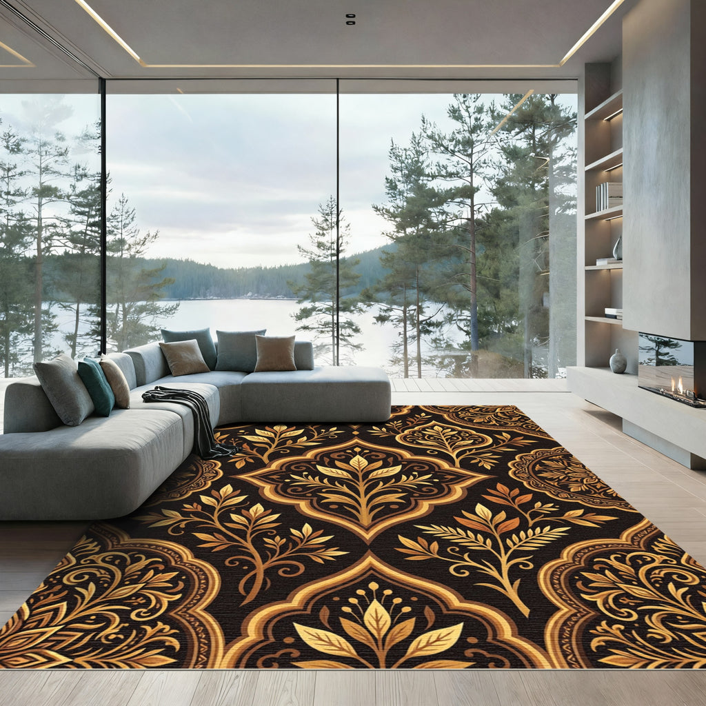 Elegant Gilded Botanical Medallion Damask Rug