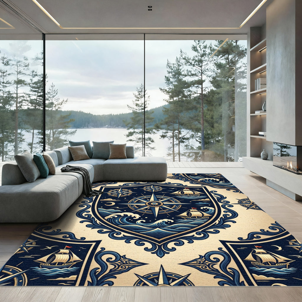 Nautical Compass Navy Blue Maritime Emblem Rug