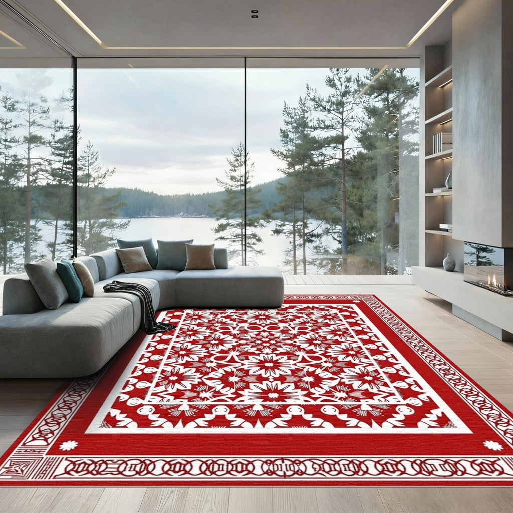 Crimson Intricate Floral Starburst Rug