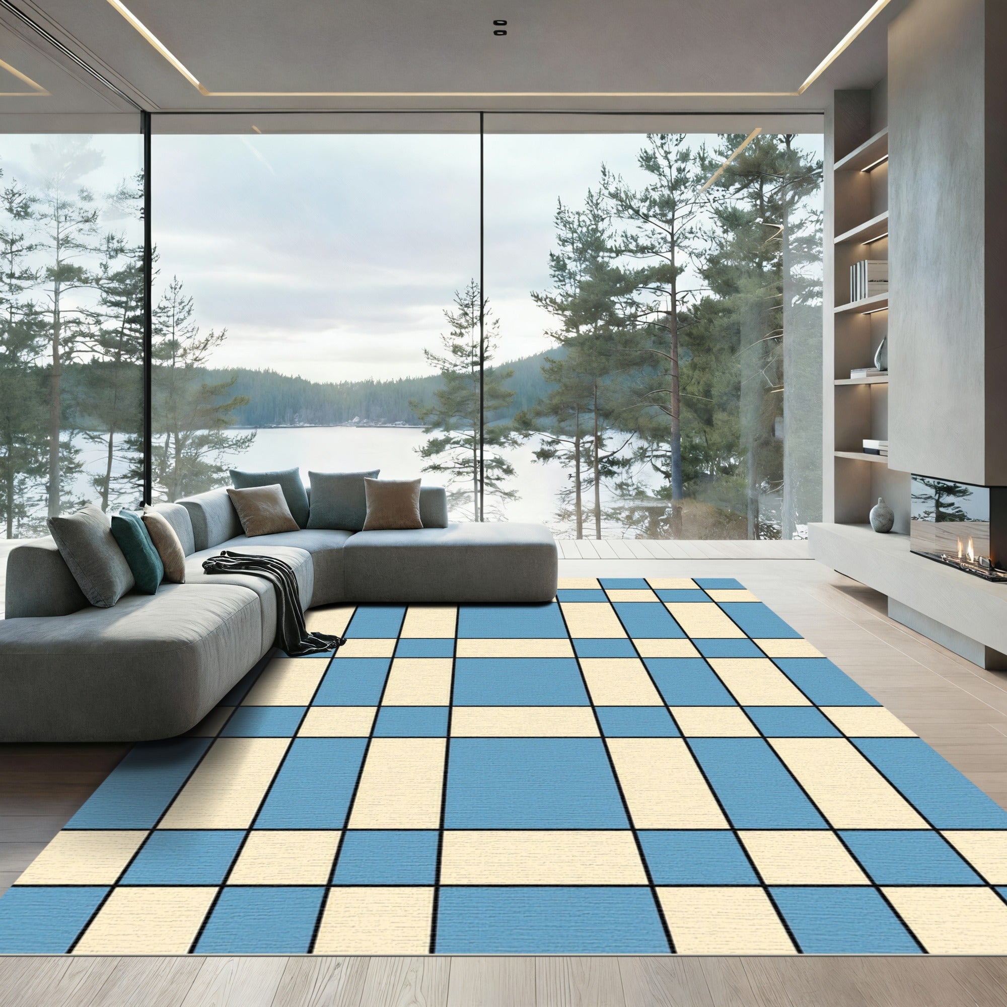 Modern Grid Blue and Cream Plaid Rug